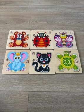 Cute Wooden Bear & Elephant Puzzle Pair - Bright Red & Blue
